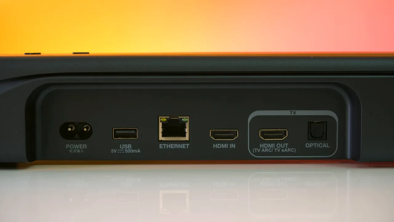 Rear panel of JBL Bar 300 showing HDMI input and Ethernet port