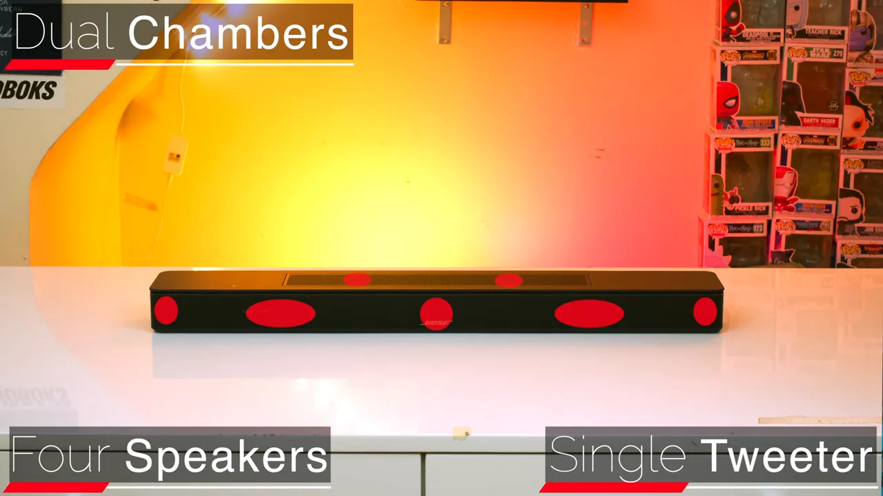 Bose Smart Soundbar showing upward-firing drivers and dual bass chambers