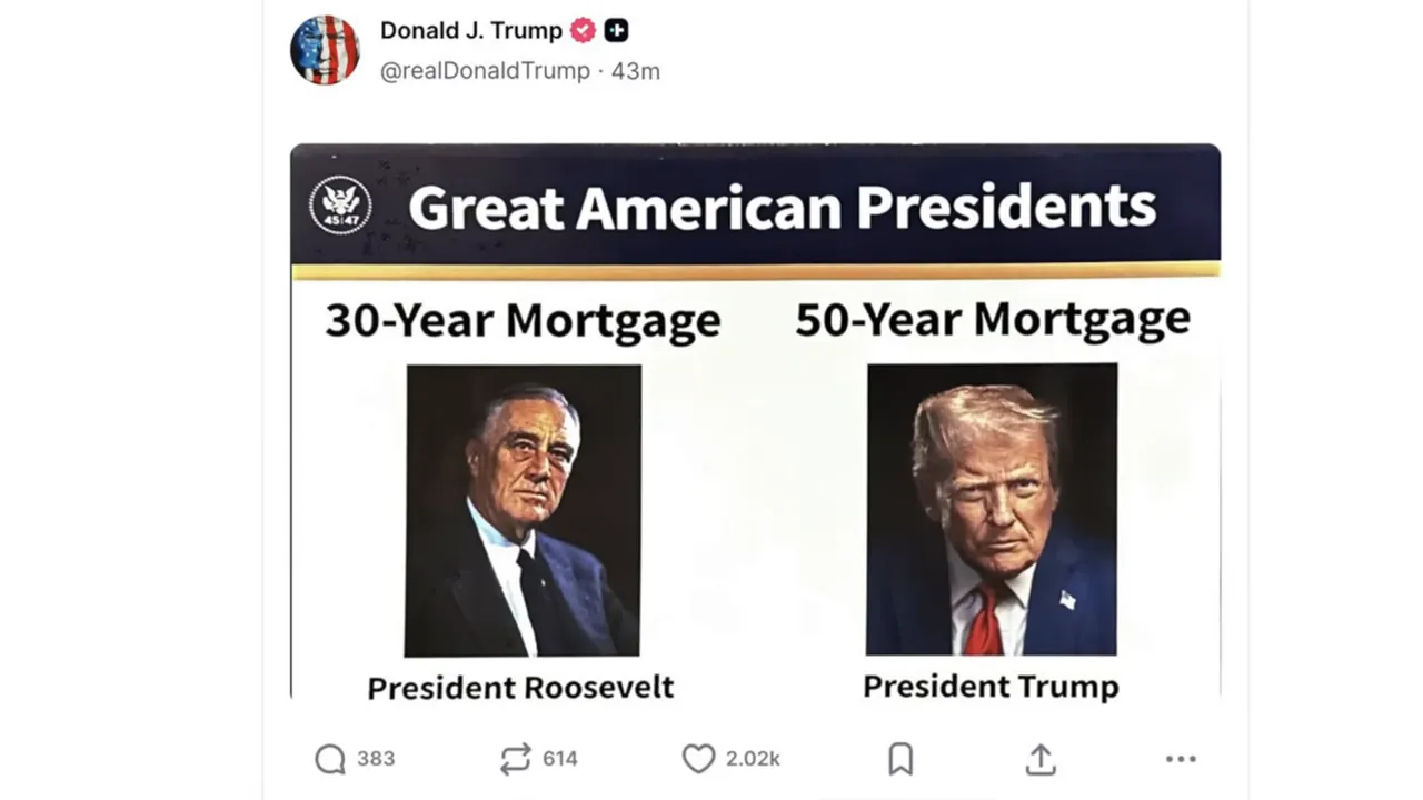 Cropped social media screenshot displaying side‑by‑side panels labeled '30‑Year Mortgage' and '50‑Year Mortgage' with portrait images