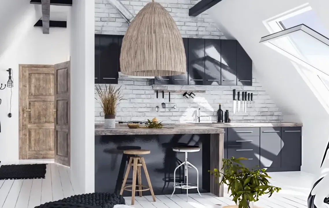 Large cone-shaped pendant light hanging over kitchen island