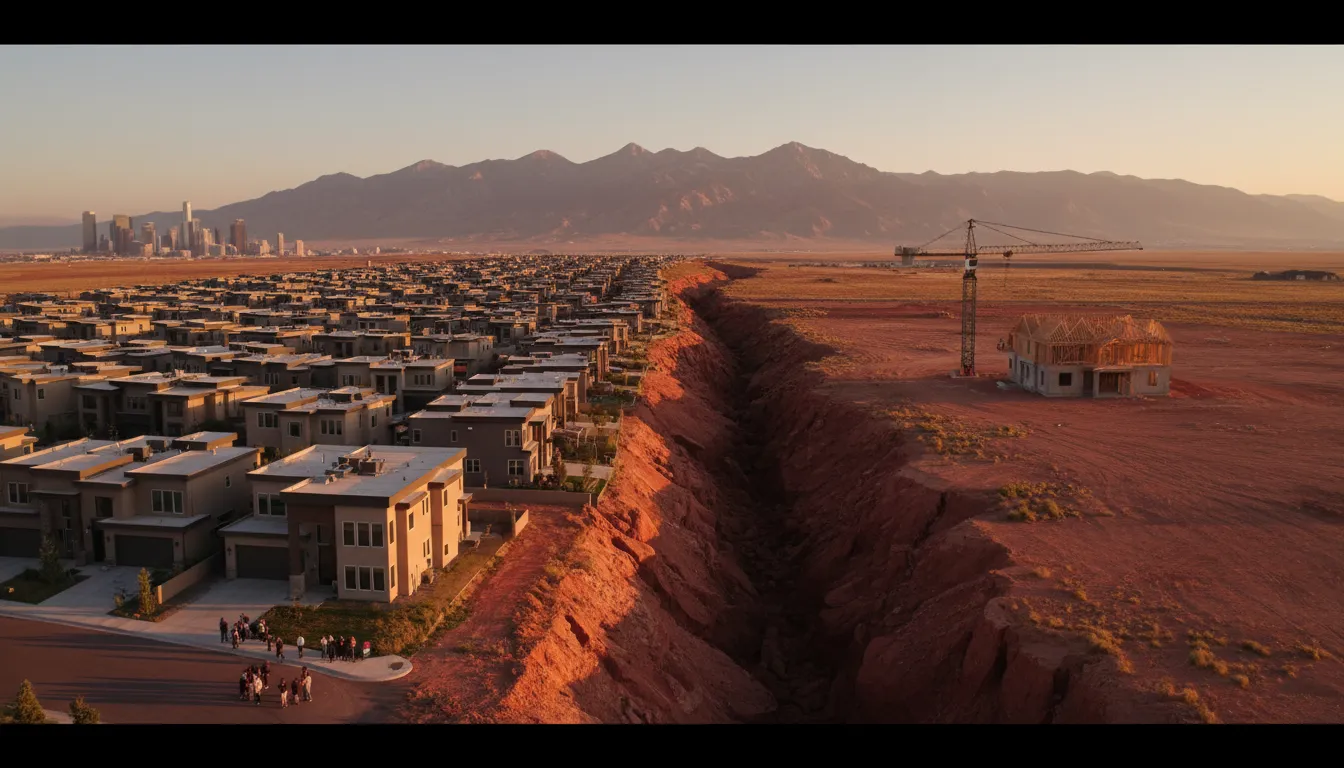 Utah valley with densely packed suburban homes on a shrinking plateau split by a large ground fissure, with an unfinished house and idle crane across the gap illustrating a structural housing shortage.