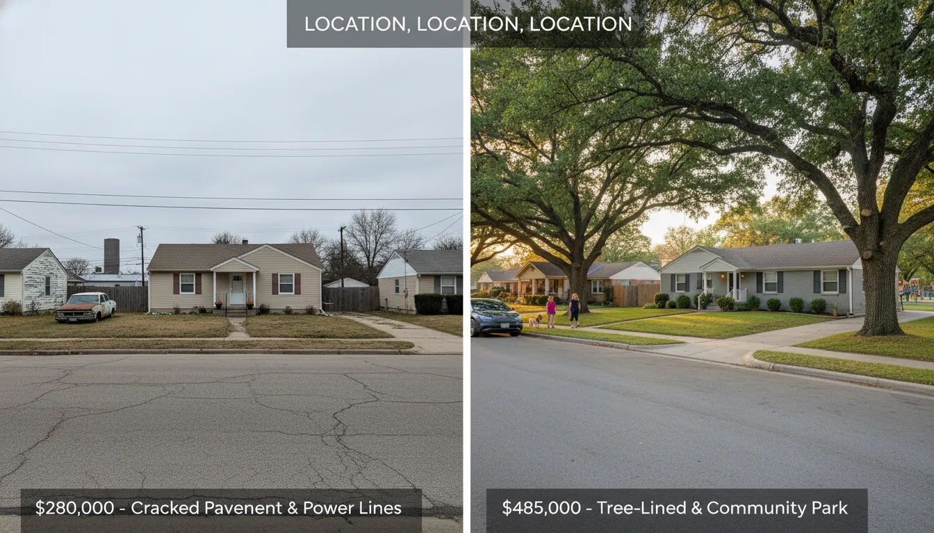 Before-and-after city block: surface parking replaced by mid-rise housing, green space, bike lanes and a transit stop to show increased housing supply.