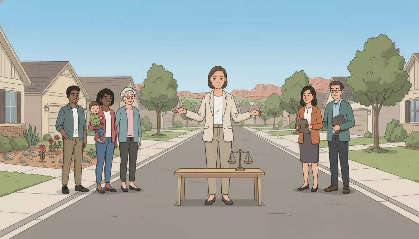 Ombudsman mediating between homeowners and an HOA board in a Utah neighborhood with houses and red-rock hills in the background