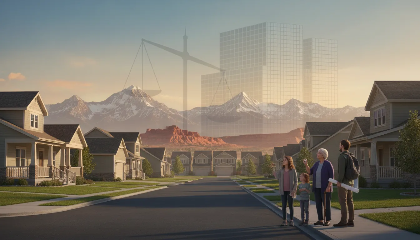 Utah suburban single-family homes with Wasatch Mountains, a faint corporate shadow looming over rows of houses and local residents in the foreground symbolizing the institutional buyers debate