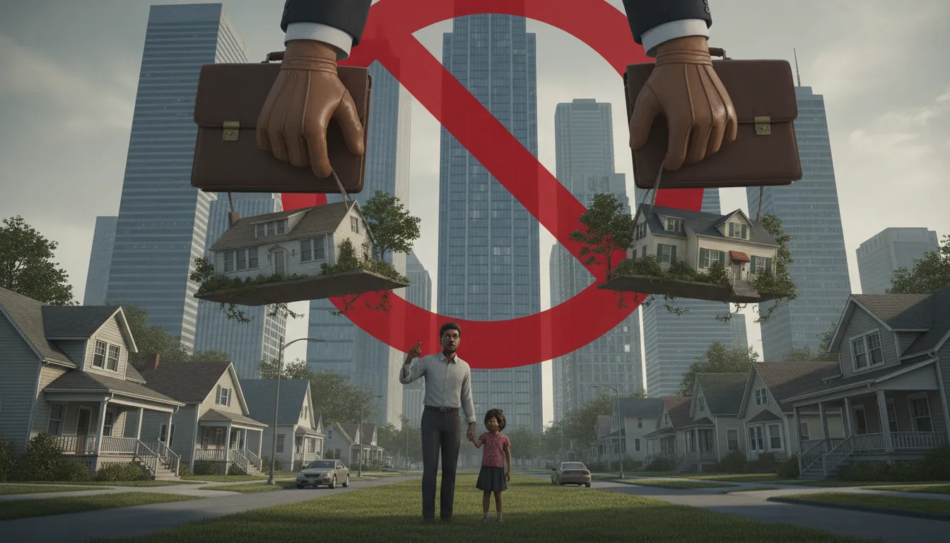 Photorealistic illustration of shadowy corporate hands reaching for single-family suburban homes while a diverse family watches, with a red prohibition symbol over the hands representing a proposed ban on institutional buyers in the housing market