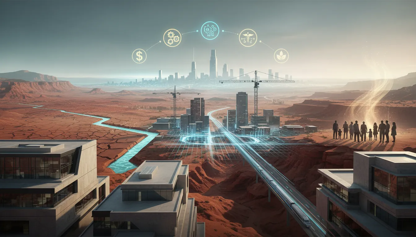 Cinematic illustration of Utah’s future real estate shaped by economic diversification, AI infrastructure, water constraints, major infrastructure investment, and cultural shifts—no text.