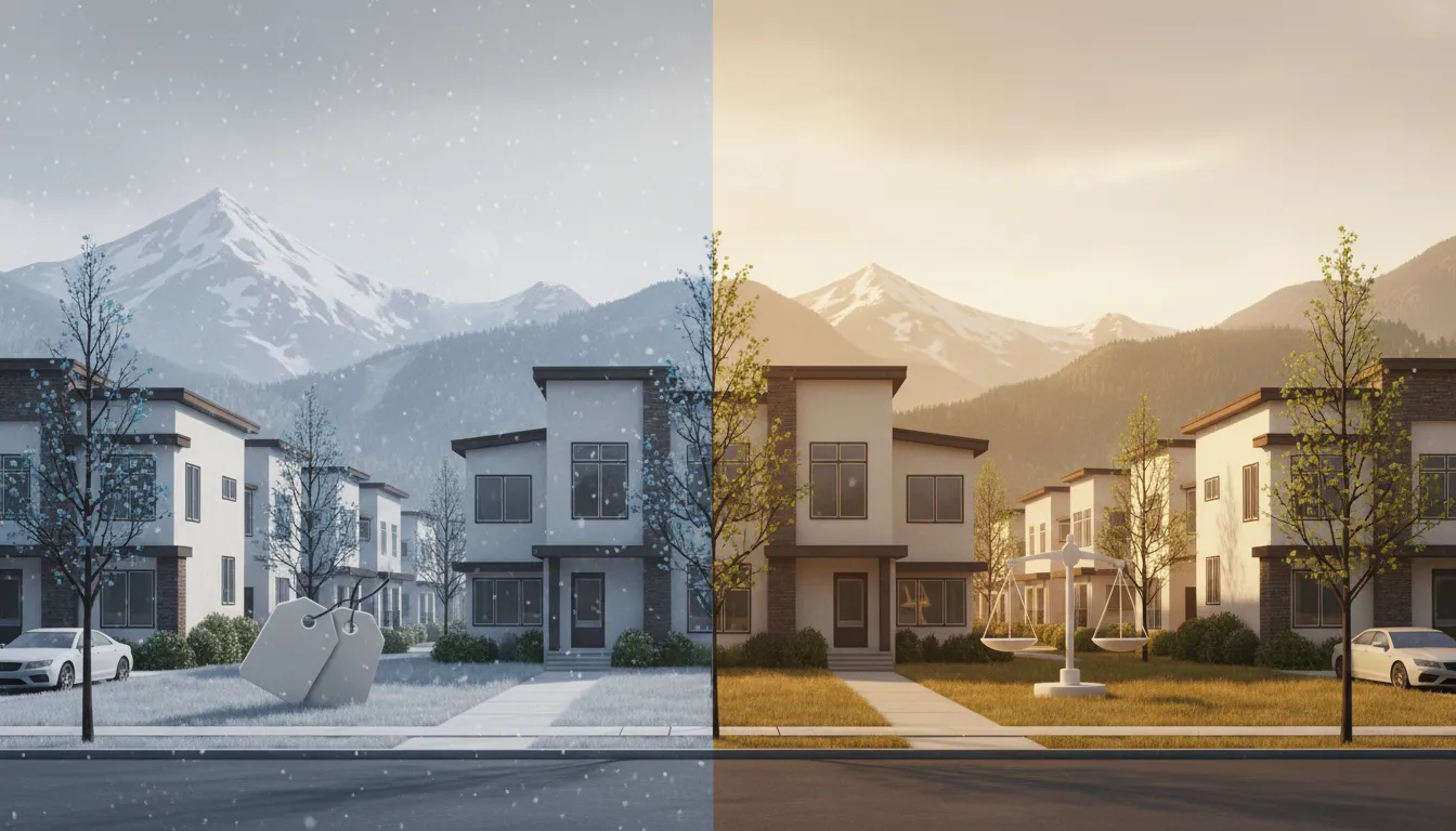 Illustration showing the Utah spring housing market shift with townhouse and condo homes in warm sunrise light against a fading winter backdrop, with no text.