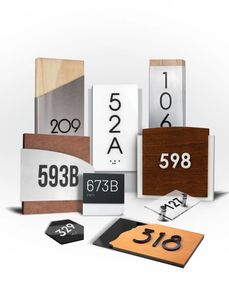 modern room number signs collection, metal, wood and acrylic door signage with various designs