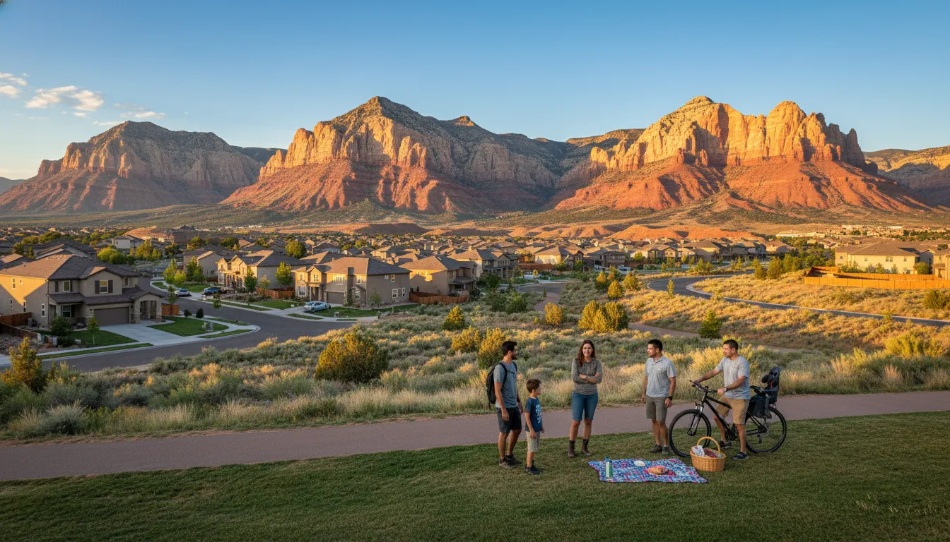 Utah mountain landscape with a clean suburban neighborhood and a family enjoying outdoor recreation in warm golden-hour light