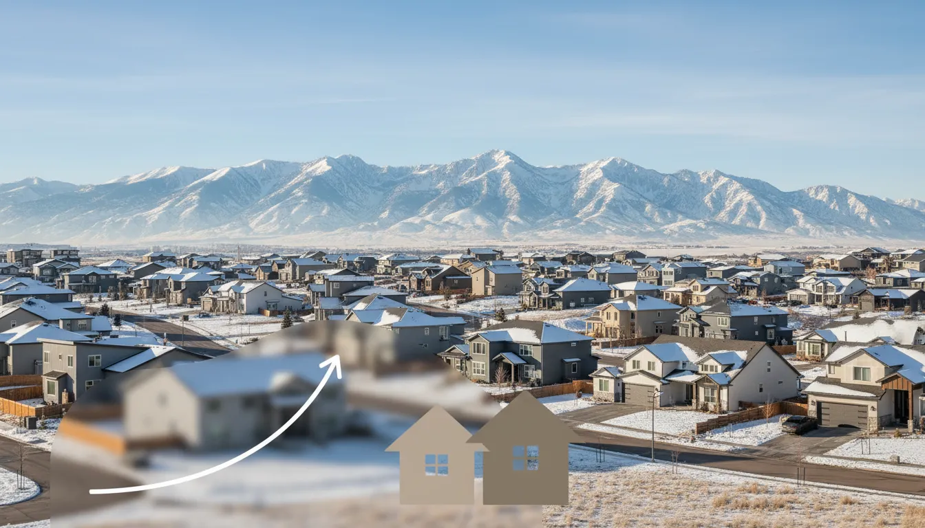 Photorealistic Utah suburban neighborhood with calm mountains in the background, symbolizing a stable, normalizing 2026 housing market with no text.