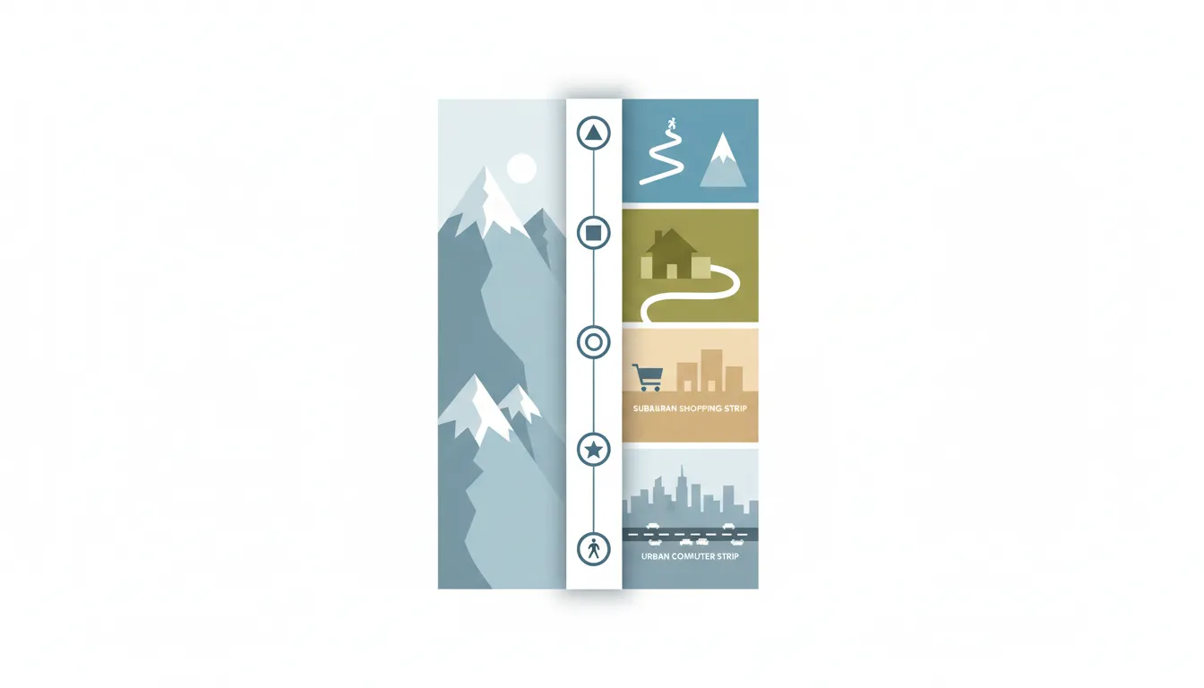 Clean infographic map illustration of the Wasatch Front corridor with color-coded lifestyle zones, mountain backdrop, and four linked decision nodes, with no text.